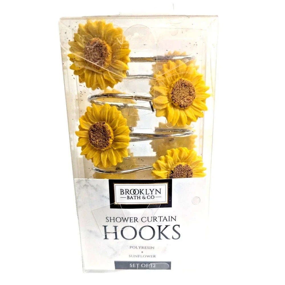 Daisy Shower Curtain Hooks 12-pc Yellow Brown Flower Resin Metal Sunflowers NEW